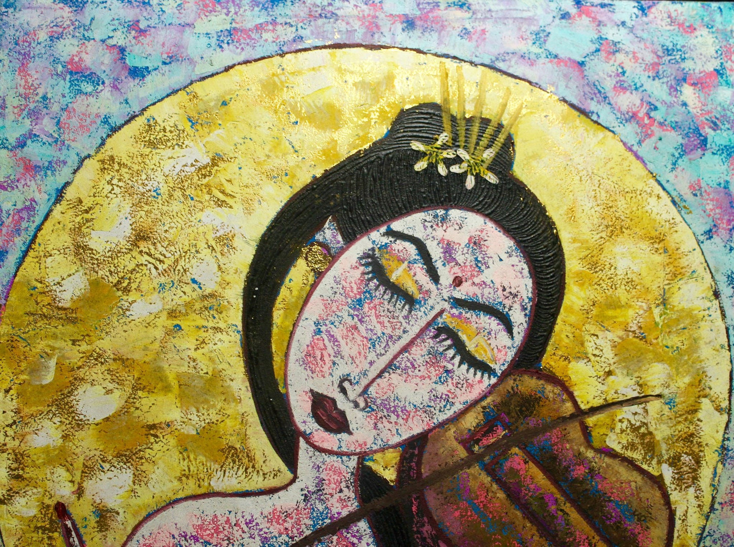 Balinese Nude Lady Lunar Moon Goddess Playing Violin Fiddle Wall Bali Art Painting Acrylic on canvas