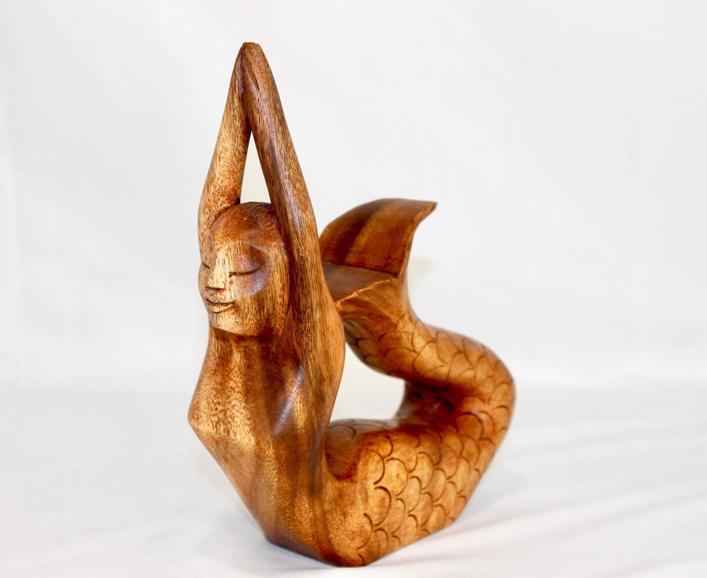 Hand Carved Wood Mermaid Sculpture, Yoga Pose Statue - Balinese Wood Carving