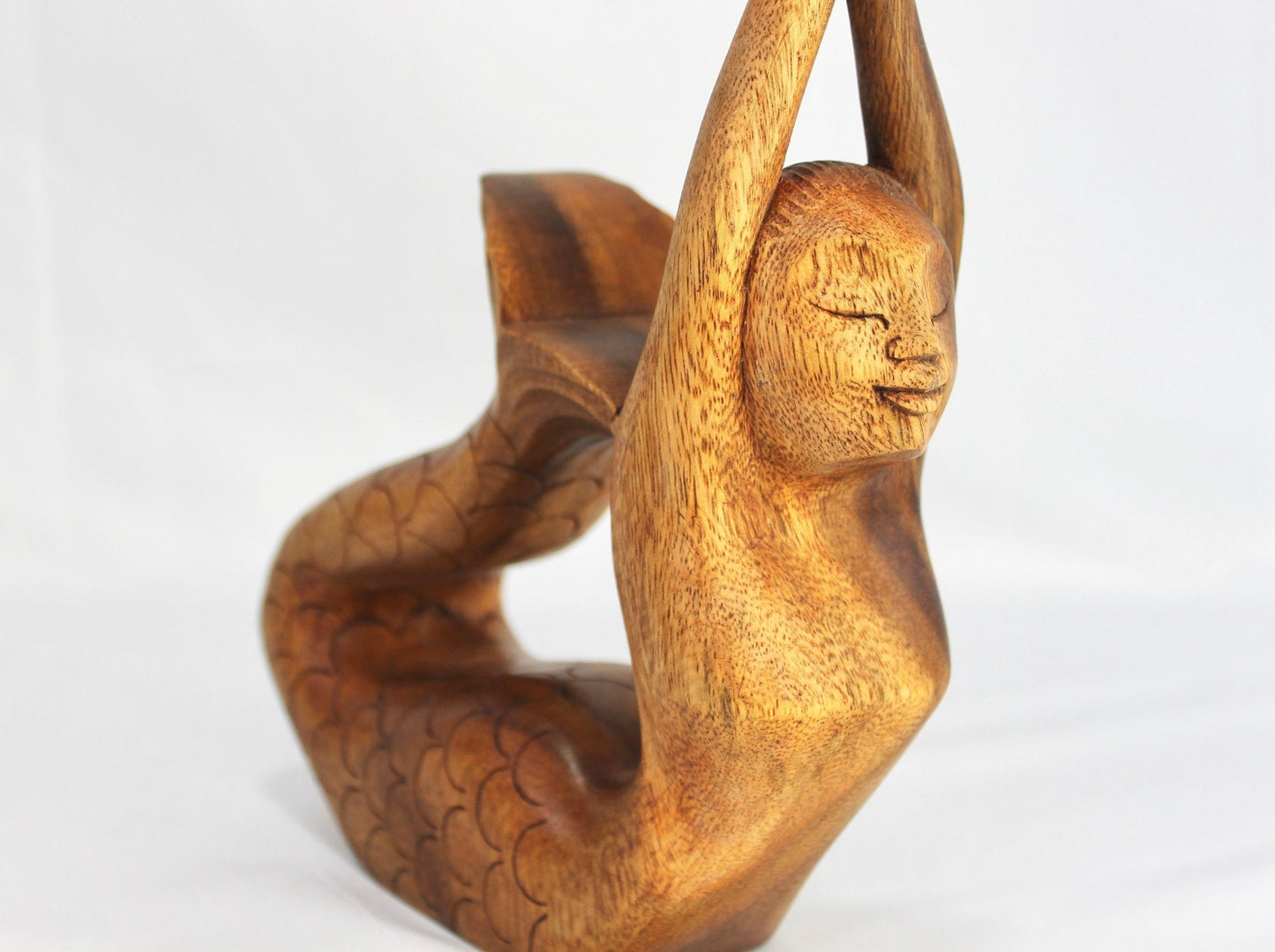 Hand Carved Wood Mermaid Sculpture, Yoga Pose Statue - Balinese Wood Carving