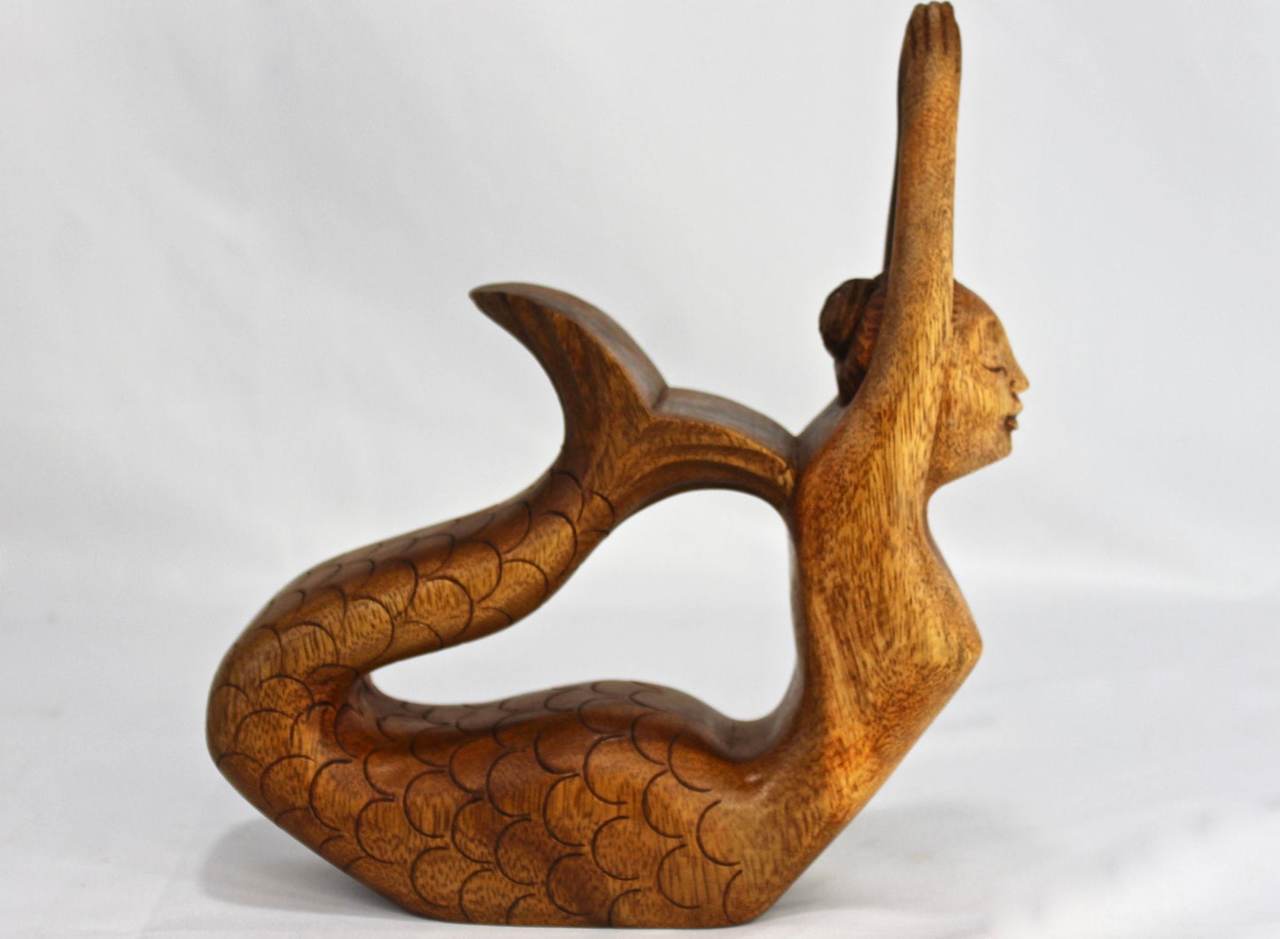 Hand Carved Wood Mermaid Sculpture, Yoga Pose Statue - Balinese Wood Carving