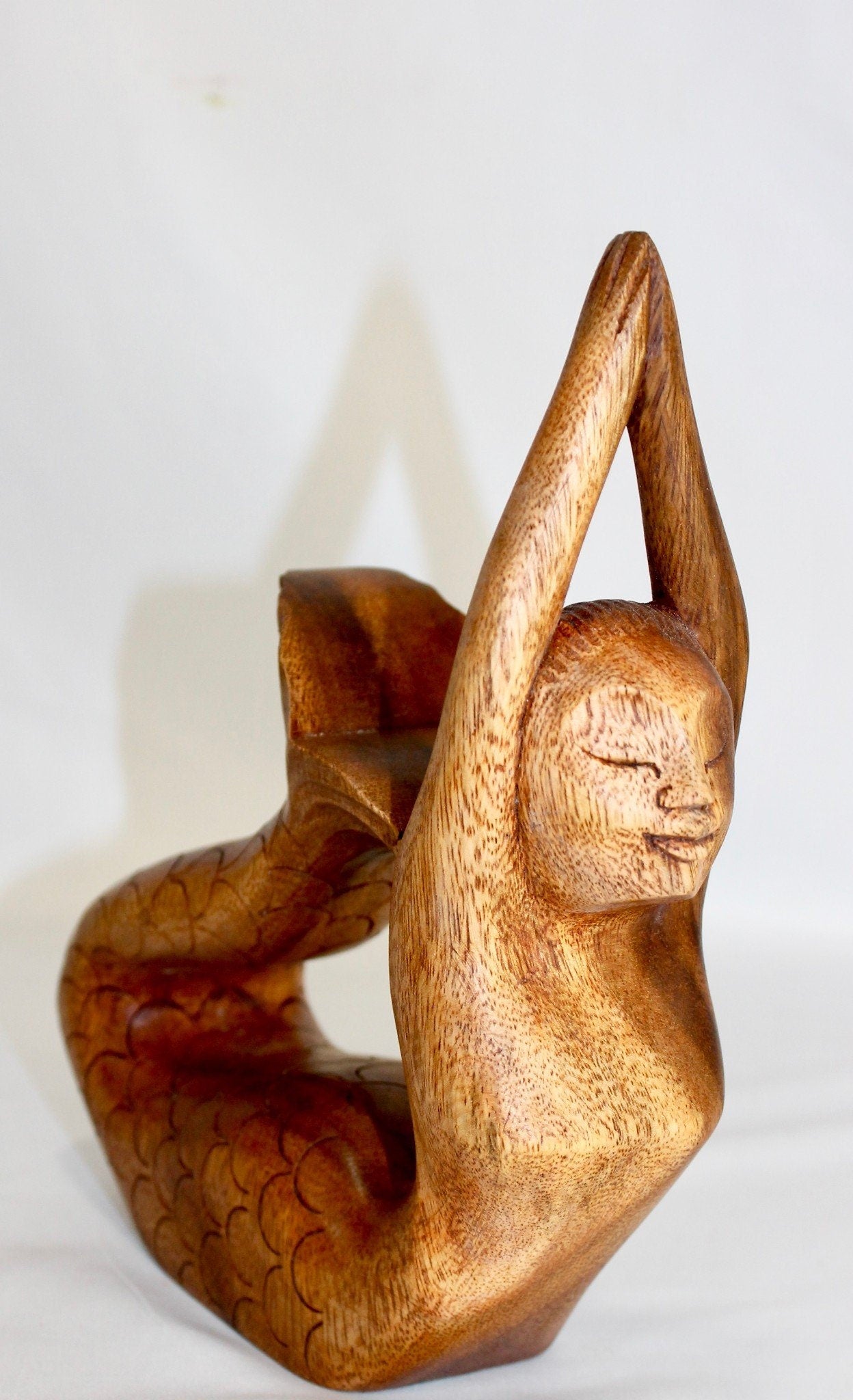 Hand Carved Wood Mermaid Sculpture, Yoga Pose Statue - Balinese Wood Carving