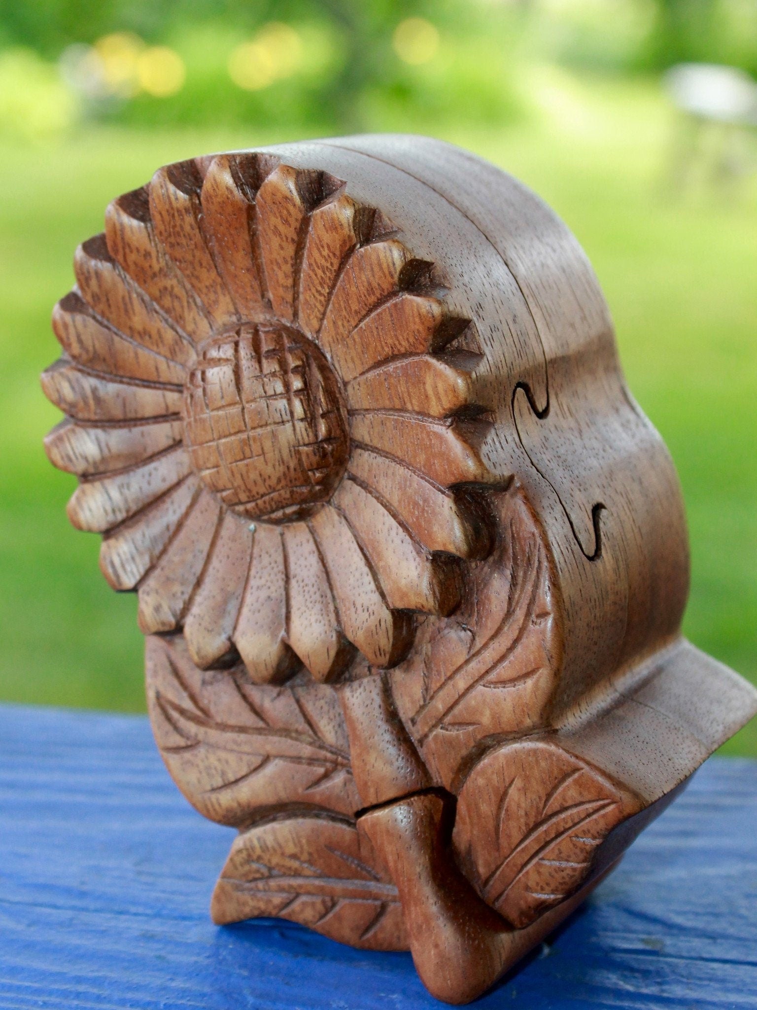 Sunflower Daisy Flower Secret Puzzle Box Jewelry gift box Trinket Stash Box Hand Carved Wood Marguerite Bali art Handmade - Acadia World Traders