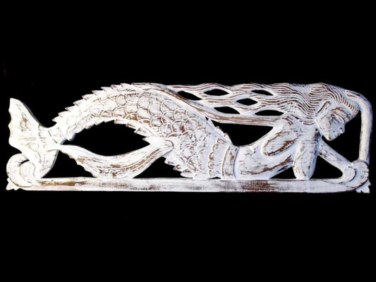 Swimming Mermaid Wooden wall art Panel Sculpture hand carved Wood Carving Nautical Decor  White whitewash - Acadia World Traders