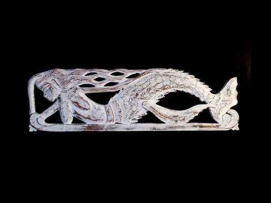 Mermaid Wall Art Sculpture | Balinese Hand Carved Wood Panel, Nautical Art