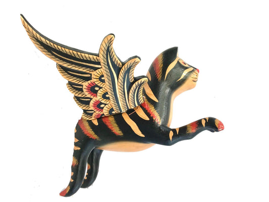 Winged Cat BLACK Striped Calico Cat MOBILE Spiritchaser demon chaser hand  Carved wood Balinse Folk art wood carving - Acadia World Traders