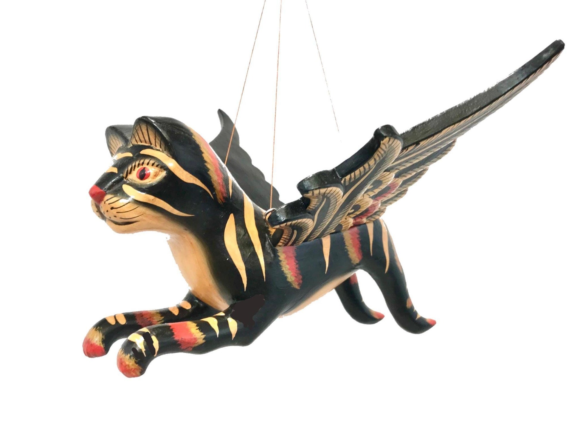 Winged Cat BLACK Striped Calico Cat MOBILE Spiritchaser demon chaser hand  Carved wood Balinse Folk art wood carving - Acadia World Traders