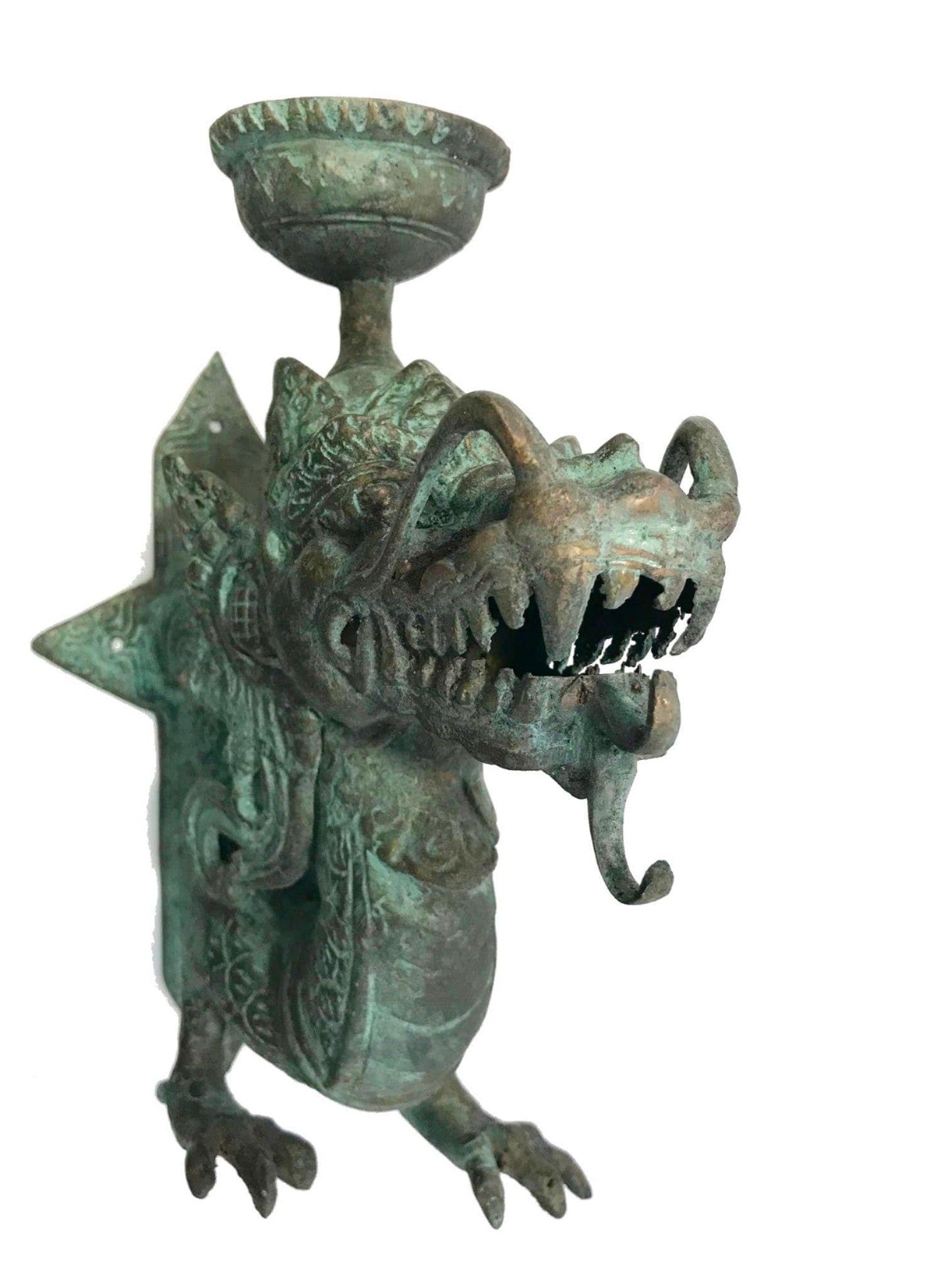 Vintage Bronze Dragon Wall Sconce: Balinese Lost Wax Cast Metal Candlestick