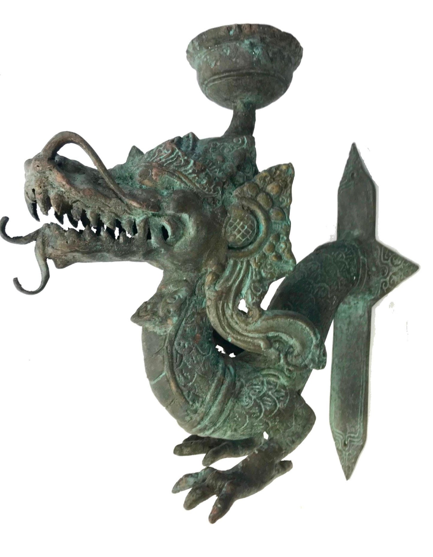 Vintage Bronze Dragon Wall Sconce: Balinese Lost Wax Cast Metal Candlestick