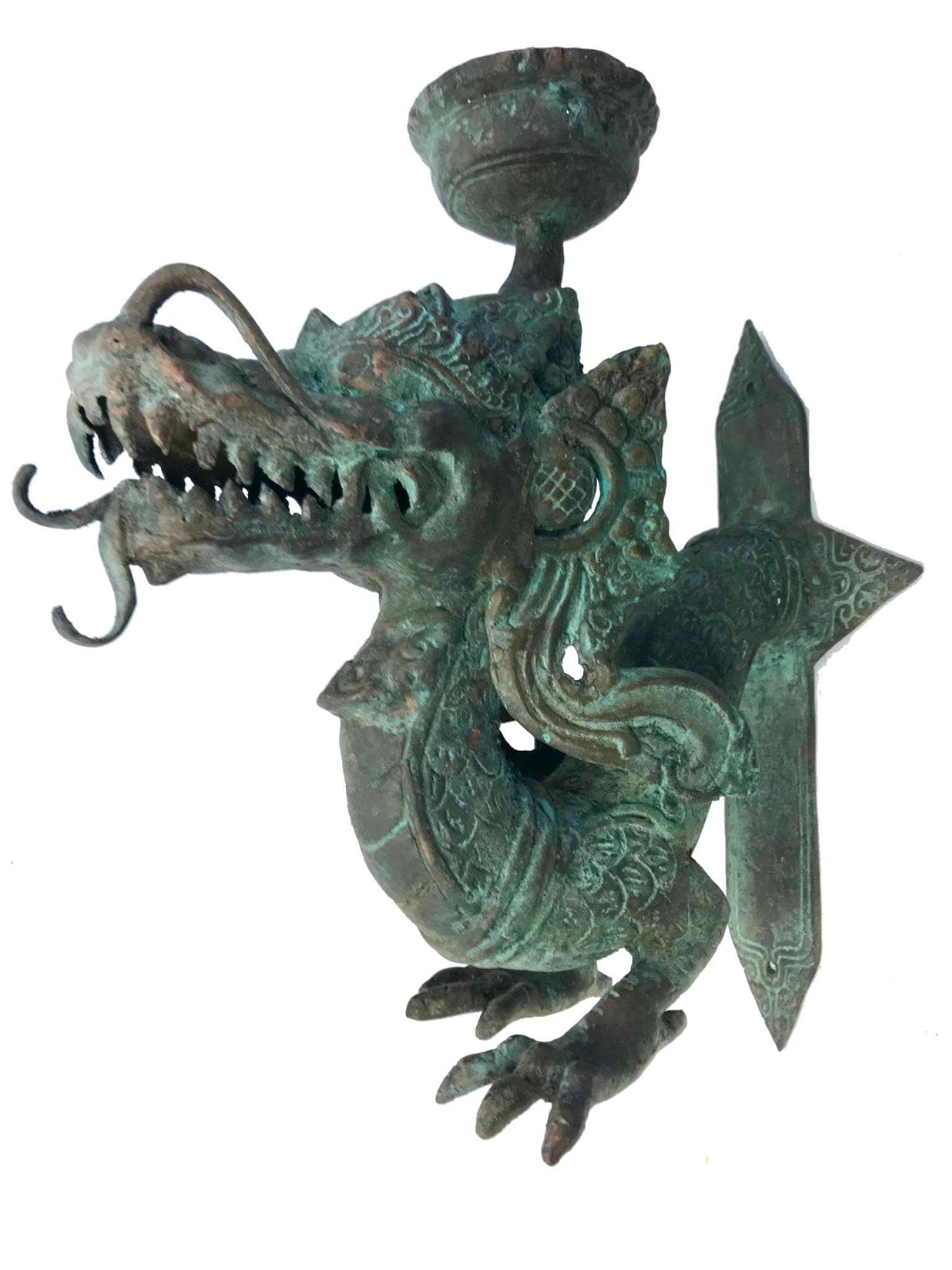 Vintage Bronze Dragon Wall Sconce: Balinese Lost Wax Cast Metal Candlestick