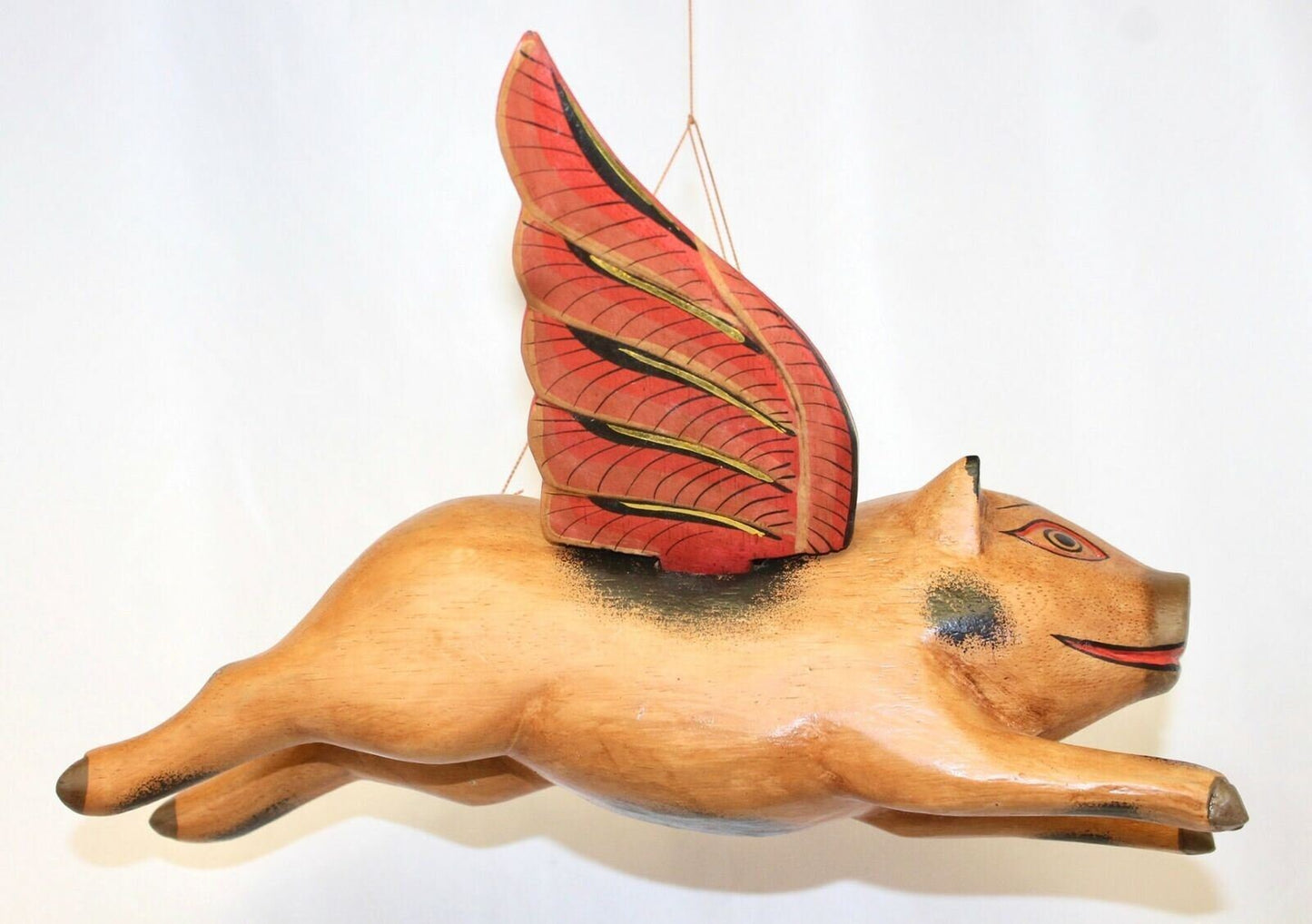 Balinese FLYING Pig Mobile Winged Crib Guardian Hand Carved Wood Bali Art 12"