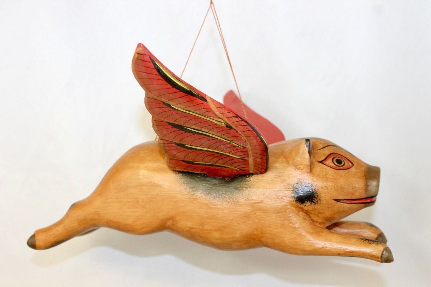 Balinese FLYING Pig Mobile Winged Crib Guardian Hand Carved Wood Bali Art 12"