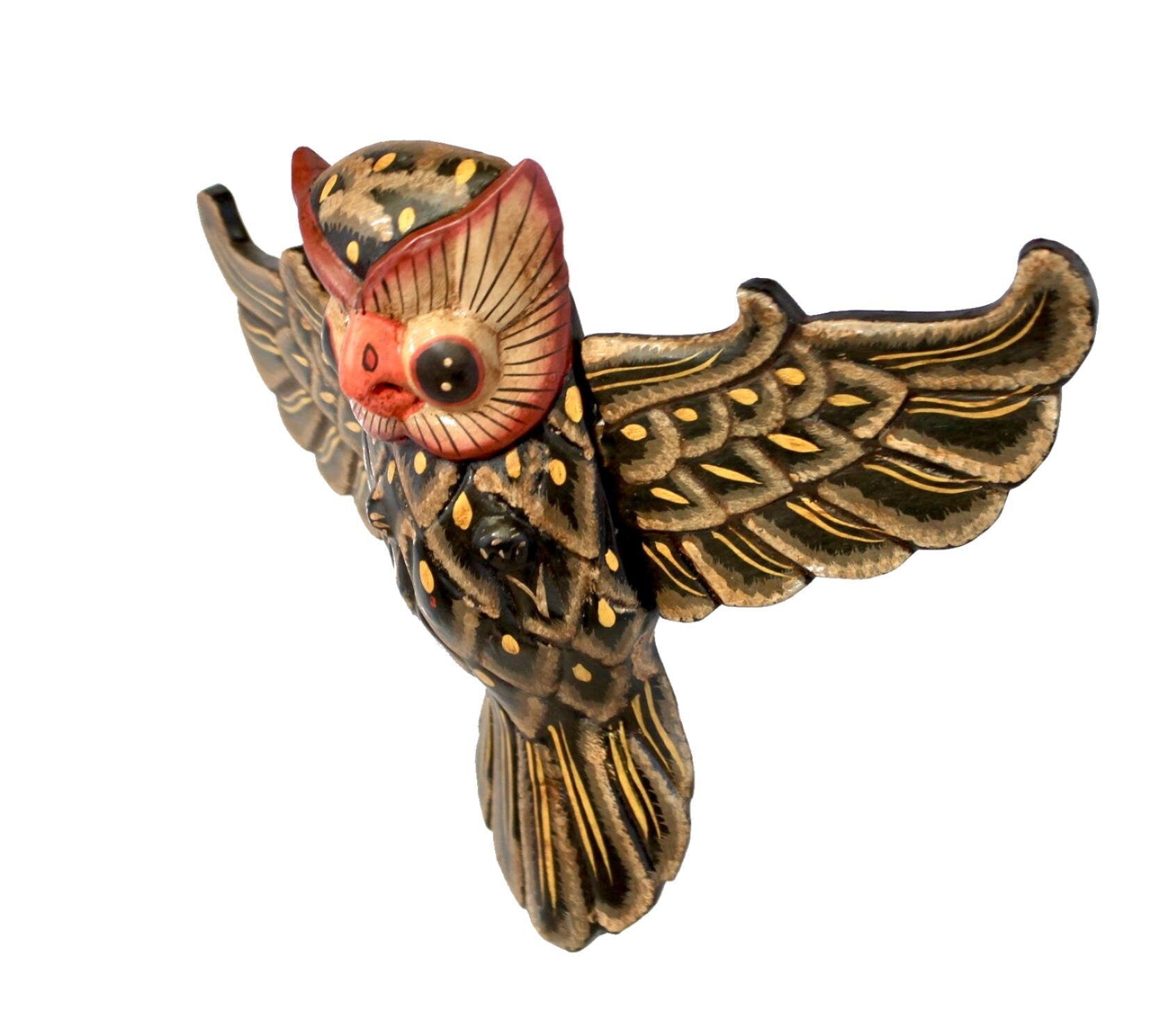 Balinese Flying Horned Owl Mobile Spiritchaser Demon Chaser Hand Carved Wood Balinese Folk Art Eclectic Decor - Acadia World Traders