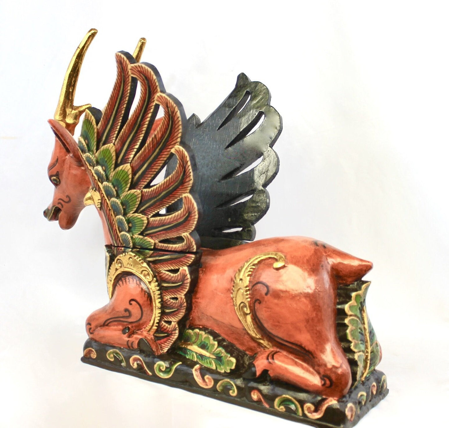 Balinese Winged Deer Statue Temple Guardian Sculpture hand carved wood Wood Carving Bali Folk art