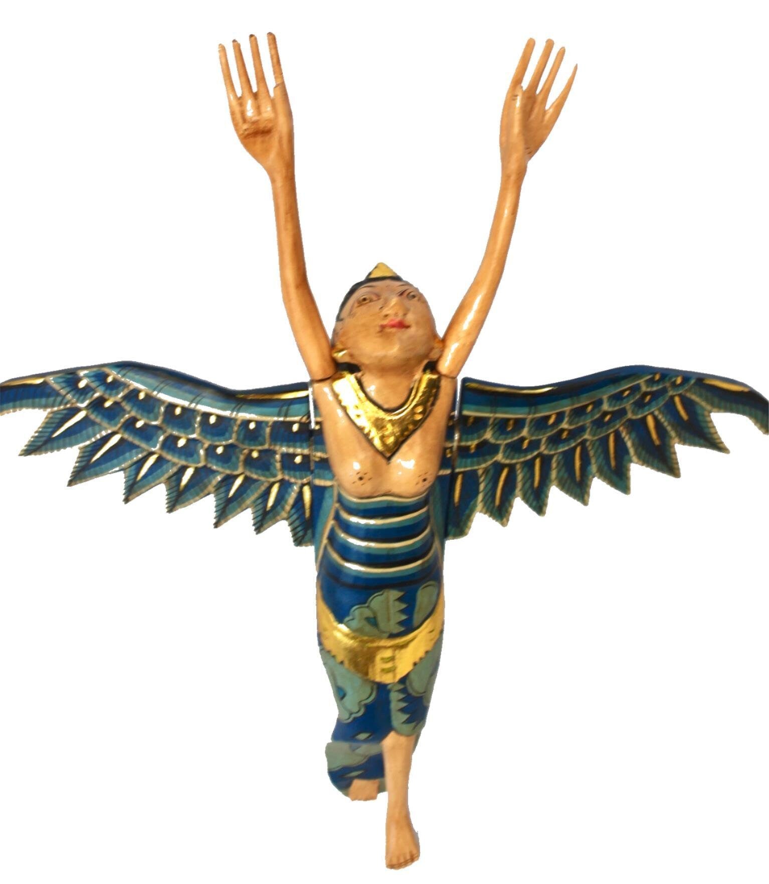 Flying Winged Dewi Sri Rice Goddess Mobile Spiritchaser Carved Wood Bali art Teal - Acadia World Traders
