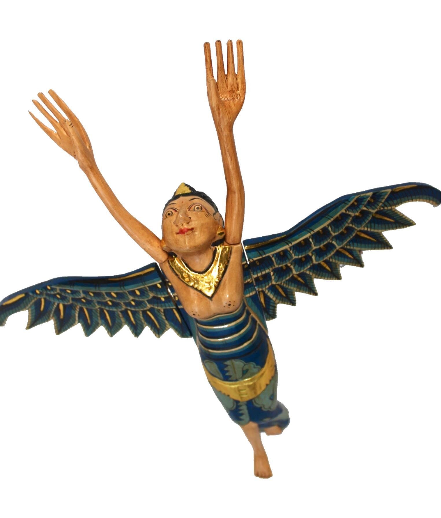 Flying Winged Dewi Sri Rice Goddess Mobile Spiritchaser Carved Wood Bali art Teal - Acadia World Traders