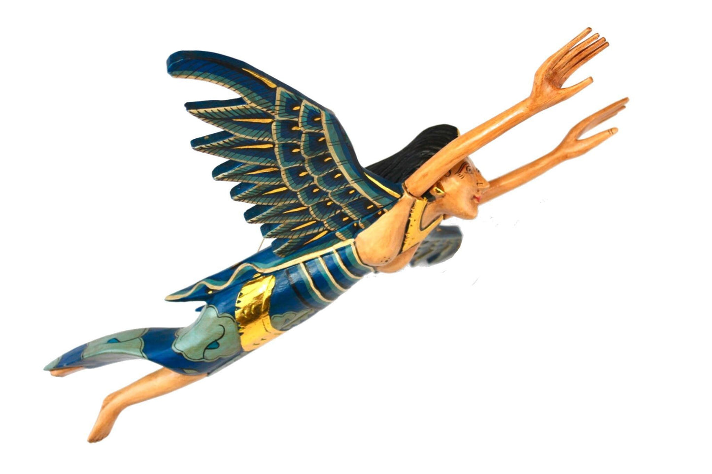 Flying Winged Dewi Sri Rice Goddess Mobile Spiritchaser Carved Wood Bali art Teal - Acadia World Traders