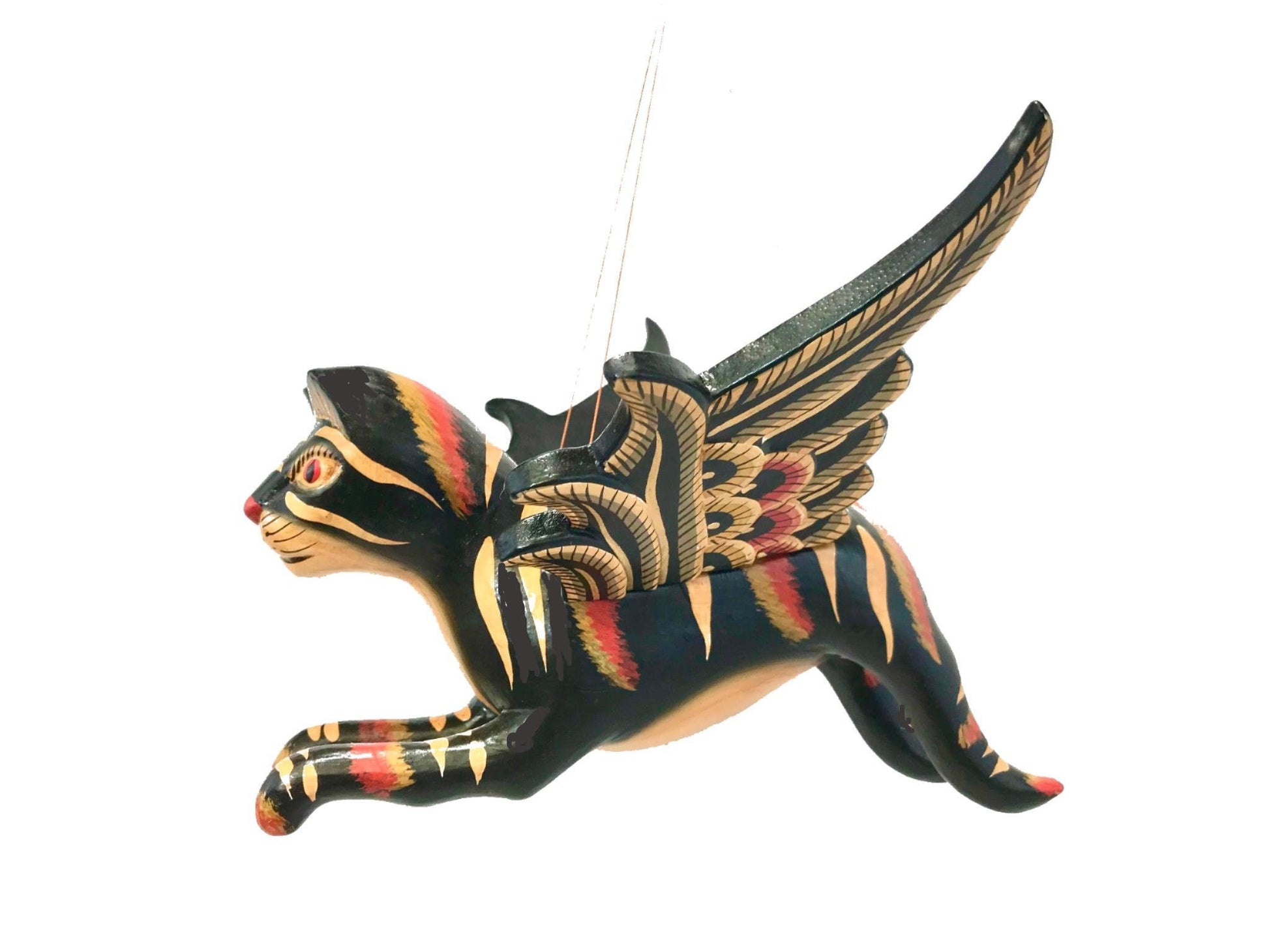 Winged Cat BLACK Striped Calico Cat MOBILE Spiritchaser demon chaser hand  Carved wood Balinse Folk art wood carving - Acadia World Traders