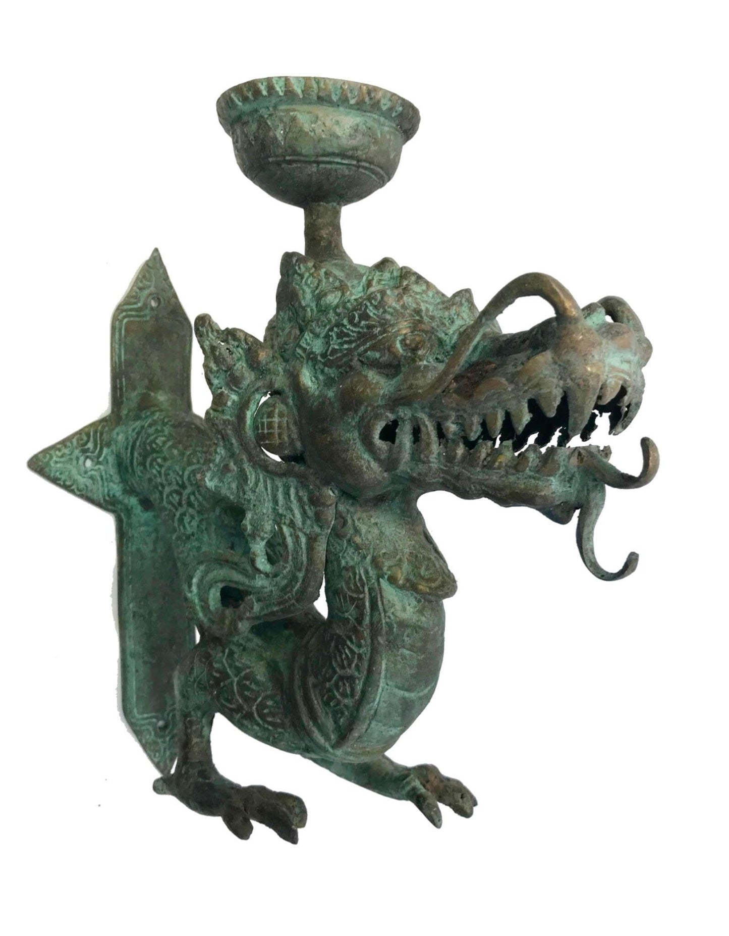 Vintage Bronze Dragon Wall Sconce: Balinese Lost Wax Cast Metal Candlestick