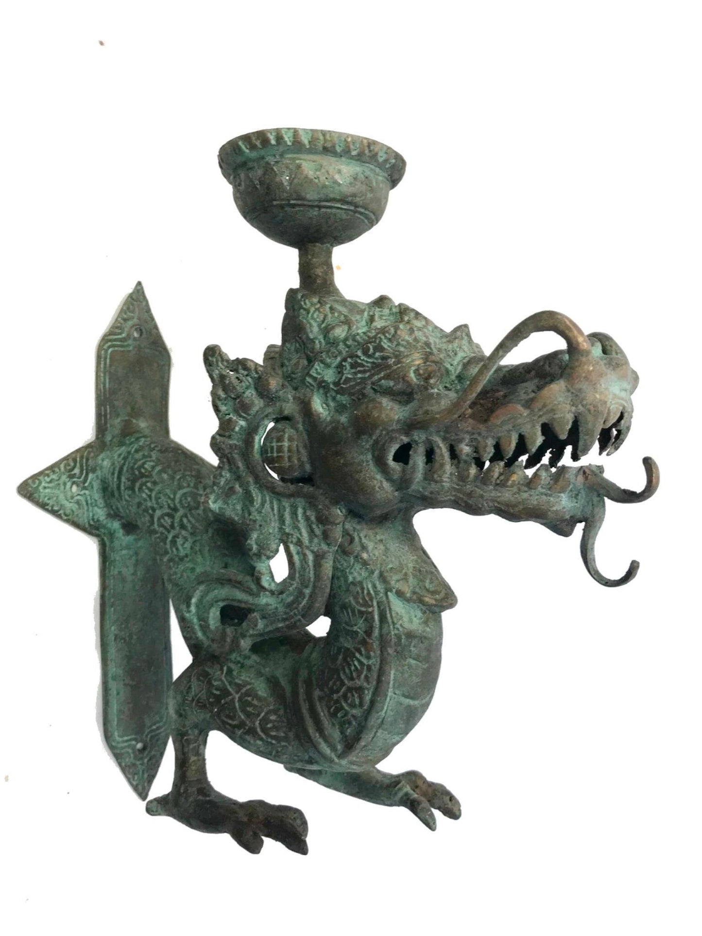 Vintage Bronze Dragon Wall Sconce: Balinese Lost Wax Cast Metal Candlestick