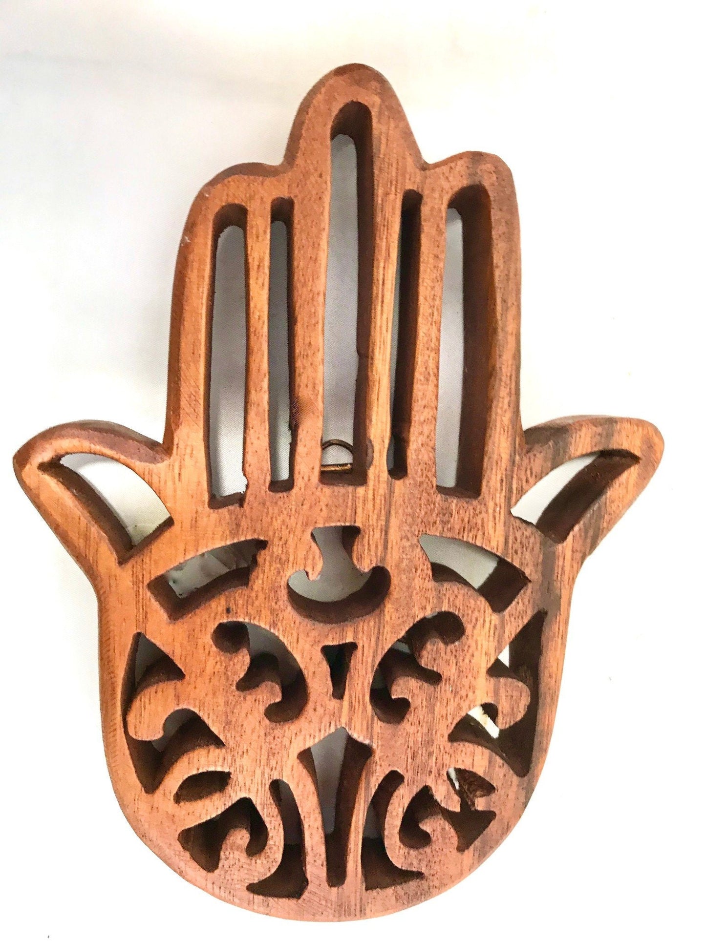 Sacred Wall Art,  Boho Home Decor, Sacred symbol, Bohemian Decor, Plaque Panel Trivet Lotus Hamsa Horus Hand Carved Balinese wood carving 8&quot;