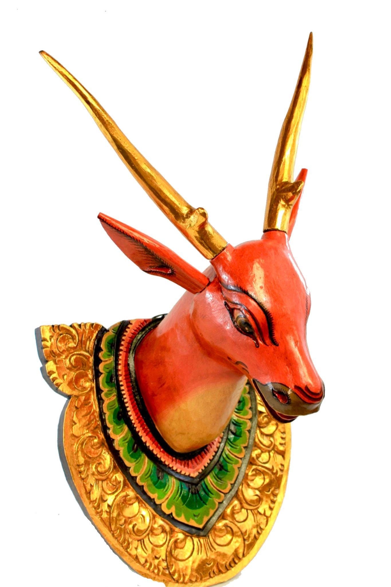 Deer Stag Faux taxidermy Mount Wall Sculpture Vegan Boho carved wood Bali art - Acadia World Traders