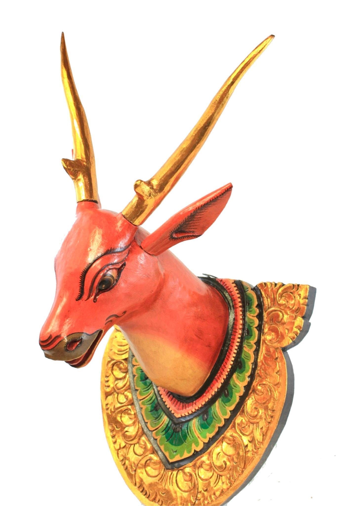 Deer Stag Faux taxidermy Mount Wall Sculpture Vegan Boho carved wood Bali art - Acadia World Traders