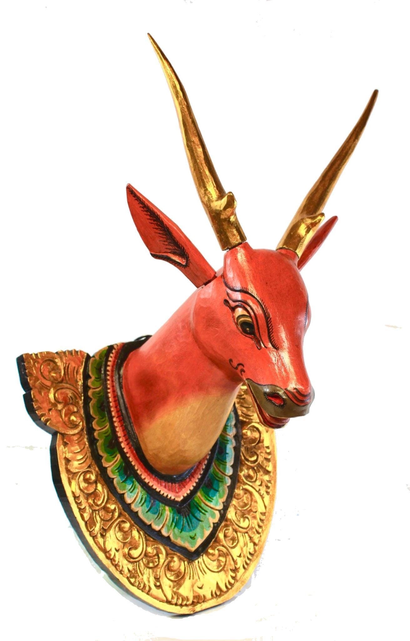 Deer Stag Faux taxidermy Mount Wall Sculpture Vegan Boho carved wood Bali art - Acadia World Traders