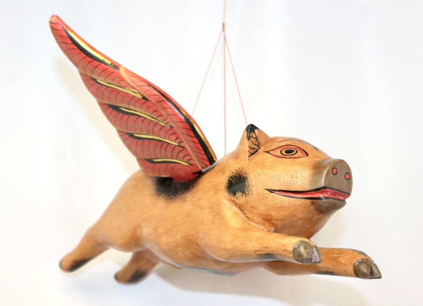 Balinese FLYING Pig Mobile Winged Crib Guardian Hand Carved Wood Bali Art 12"