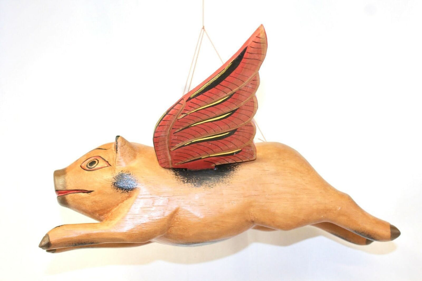 Balinese FLYING Pig Mobile Winged Crib Guardian Hand Carved Wood Bali Art 12"
