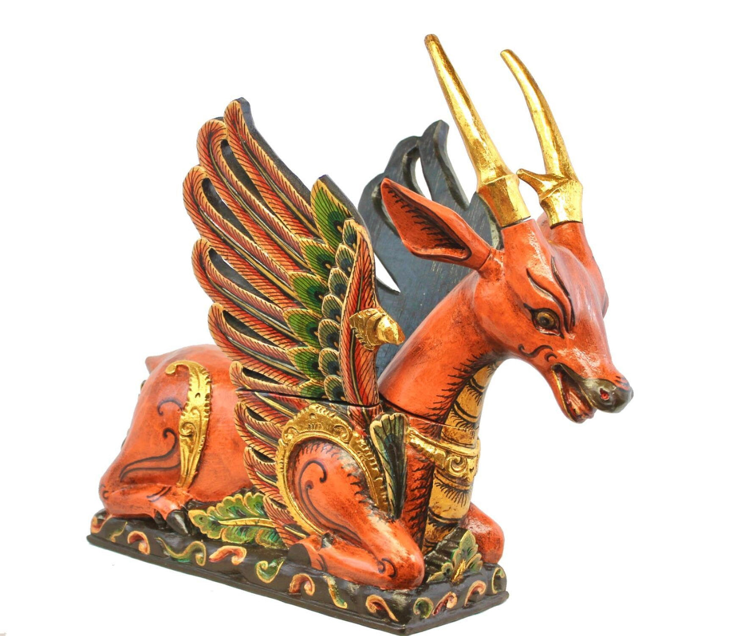 Balinese Winged Deer Statue Temple Guardian Sculpture hand carved wood Wood Carving Bali Folk art