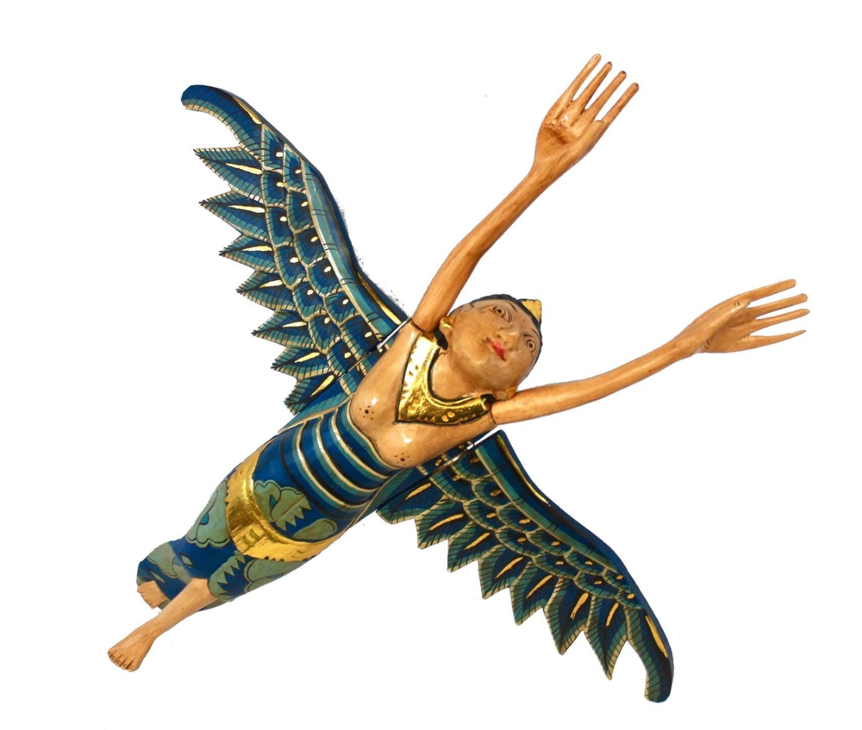 Flying Winged Dewi Sri Rice Goddess Mobile Spiritchaser Carved Wood Bali art Teal - Acadia World Traders