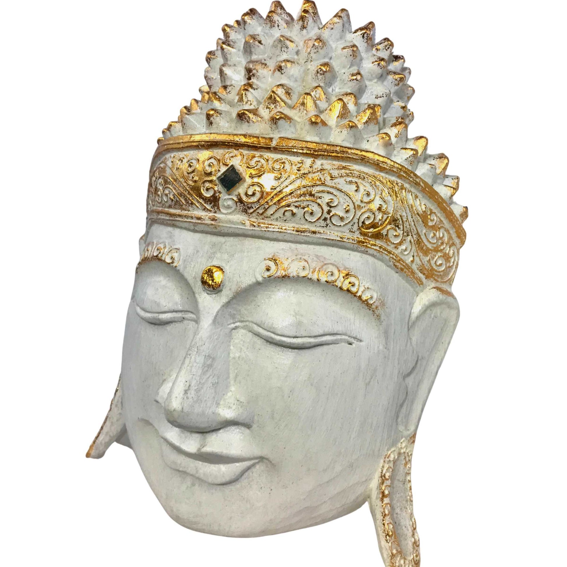 Gautama Buddha Wooden Mask Wall Art Sculpture Hand Carved Wood Carving Balinese Folk Art White Eclectic Boho  Decor - Acadia World Traders