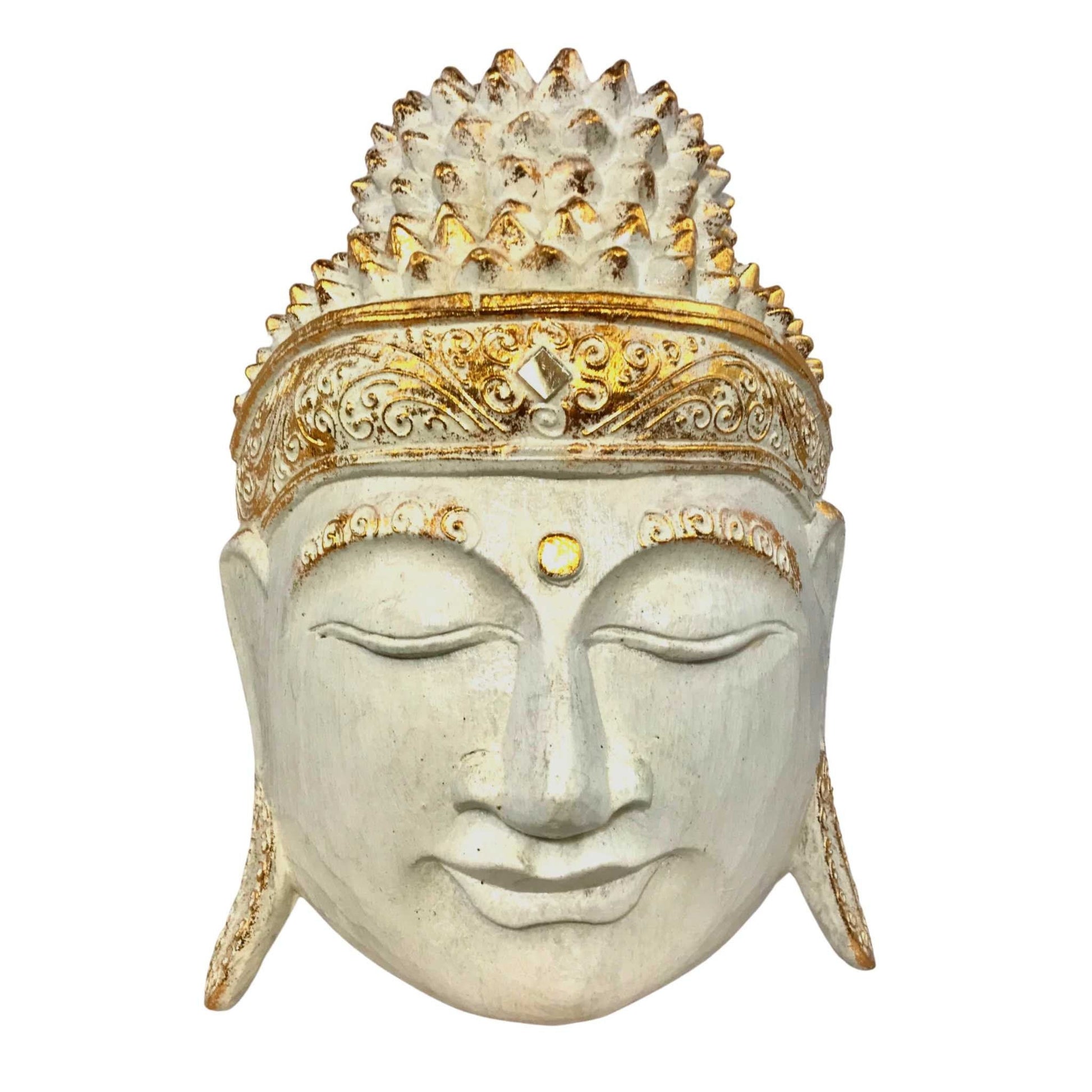 Gautama Buddha Wooden Mask Wall Art Sculpture Hand Carved Wood Carving Balinese Folk Art White Eclectic Boho  Decor - Acadia World Traders