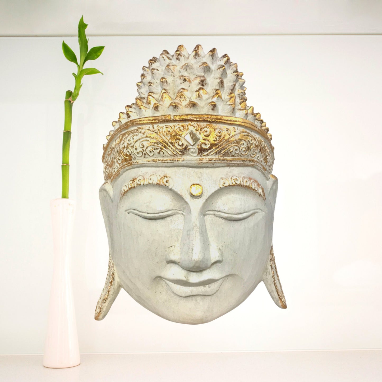 Gautama Buddha Wooden Mask Wall Art Sculpture Hand Carved Wood Carving Balinese Folk Art White Eclectic Boho  Decor - Acadia World Traders