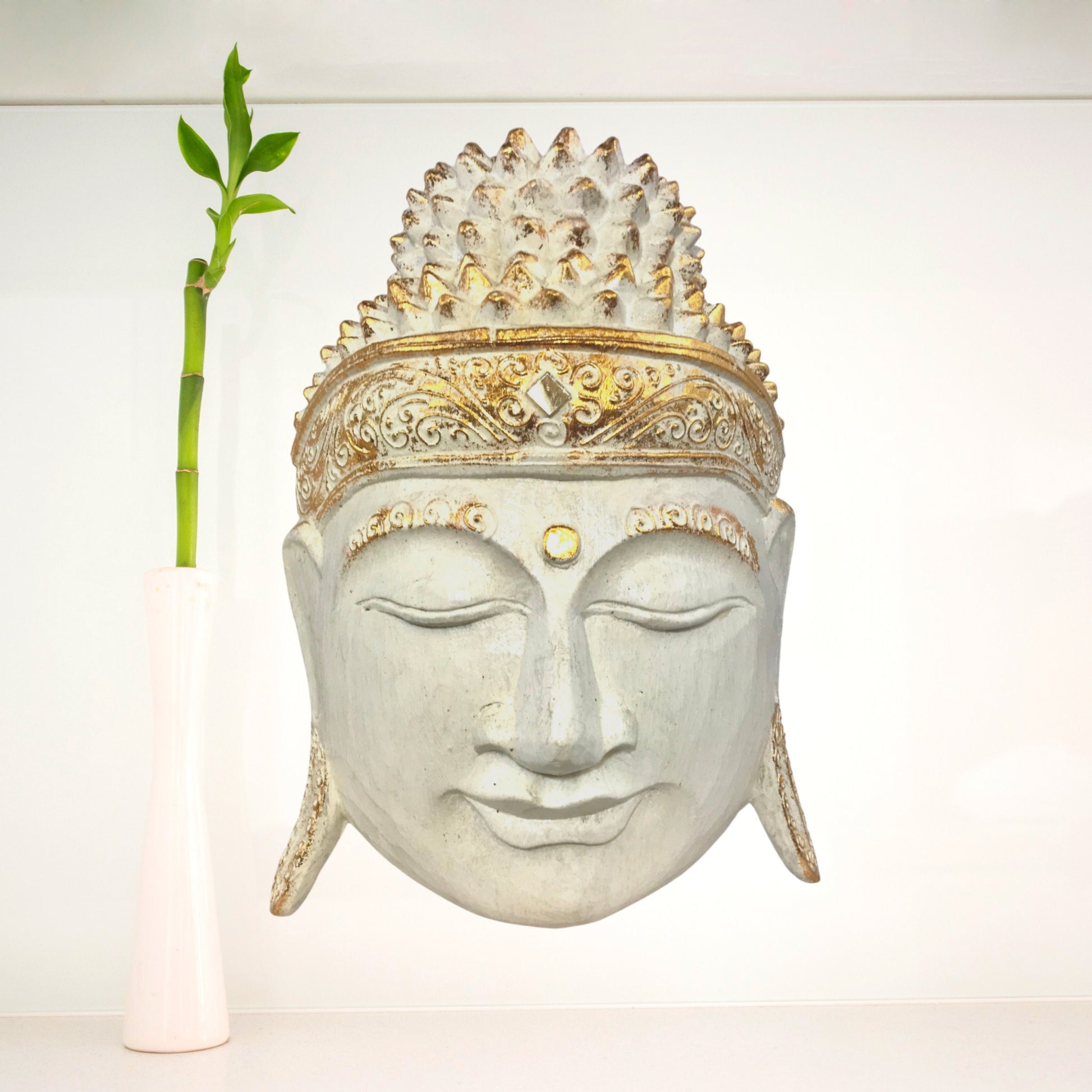 Gautama Buddha Wooden Mask Wall Art Sculpture Hand Carved Wood Carving Balinese Folk Art White Eclectic Boho  Decor - Acadia World Traders
