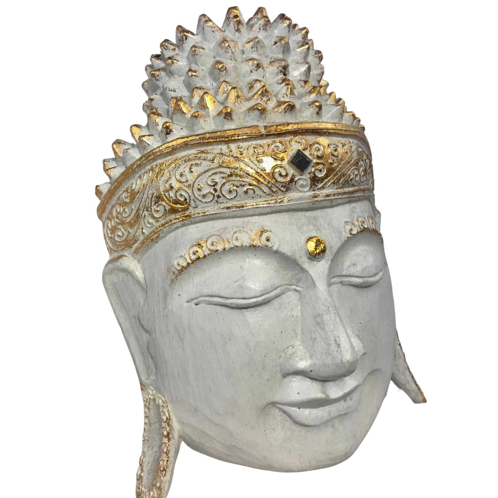 Gautama Buddha Wooden Mask Wall Art Sculpture Hand Carved Wood Carving Balinese Folk Art White Eclectic Boho  Decor - Acadia World Traders