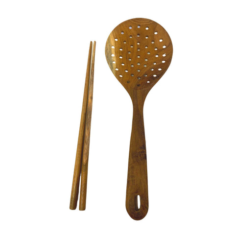 Slotted Skimmer Cooking Chopstick Set Teak Wood Handcrafted Kitchen tool Utensil