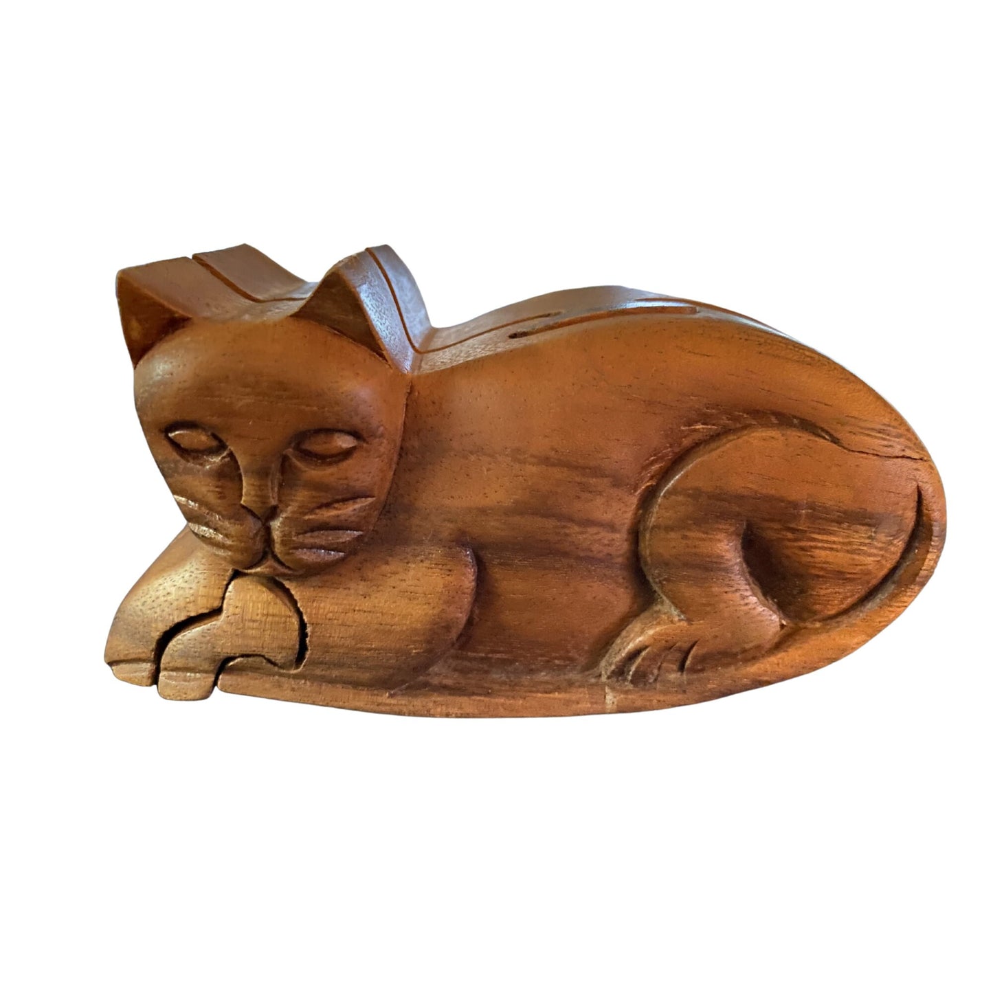 Kitty Cat Feline Secret Puzzle Box Trinket stash Box Jewelry Gift Box Hand Carved Wood