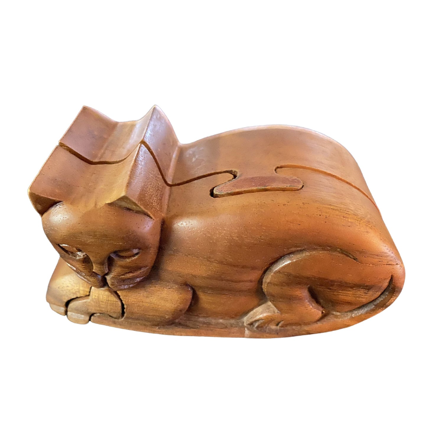 Kitty Cat Feline Secret Puzzle Box Trinket stash Box Jewelry Gift Box Hand Carved Wood