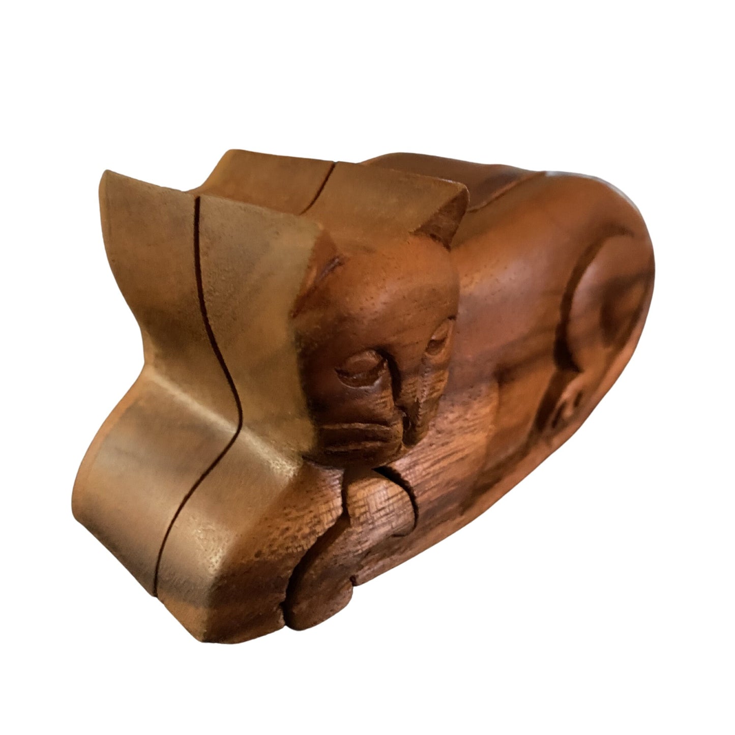 Kitty Cat Feline Secret Puzzle Box Trinket stash Box Jewelry Gift Box Hand Carved Wood