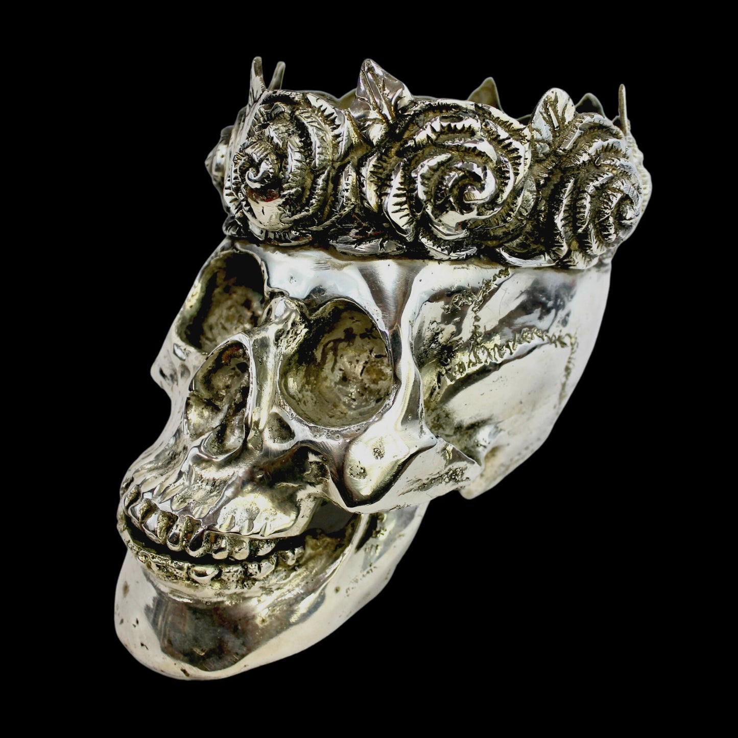 Gothic Skull Queen Crown of Roses Statue lost wax Cast silvered Bronze Bali Art