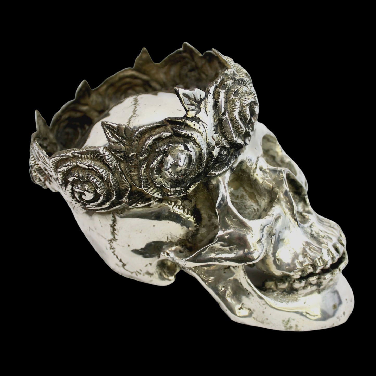 Gothic Skull Queen Crown of Roses Statue lost wax Cast silvered Bronze Bali Art