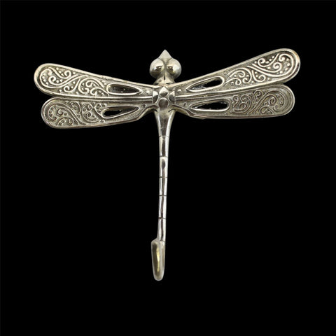 Dragonfly Wall Coat Hook Handmade Silvered solid cast Bronze Metal Handmade Balinese Art