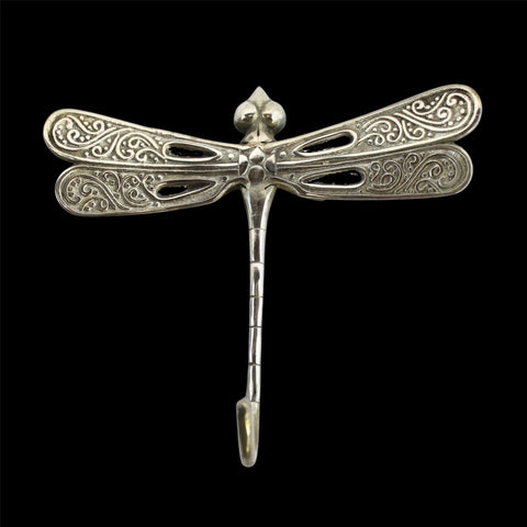 Dragonfly Wall Coat Hook Handmade Silvered solid cast Bronze Metal Handmade Balinese Art