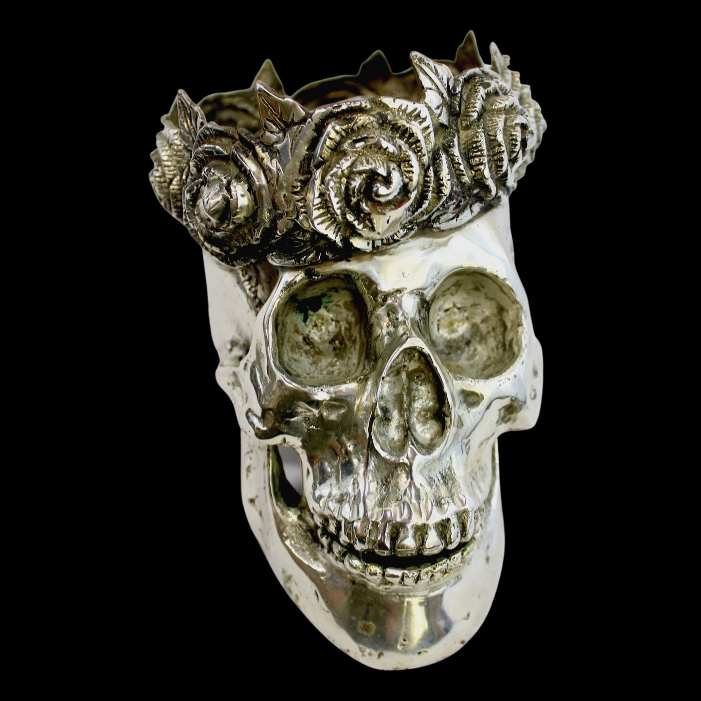 Gothic Skull Queen Crown of Roses Statue lost wax Cast silvered Bronze Bali Art