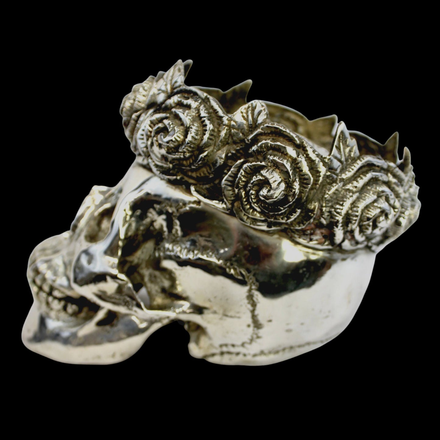 Gothic Skull Queen Crown of Roses Statue lost wax Cast silvered Bronze Bali Art