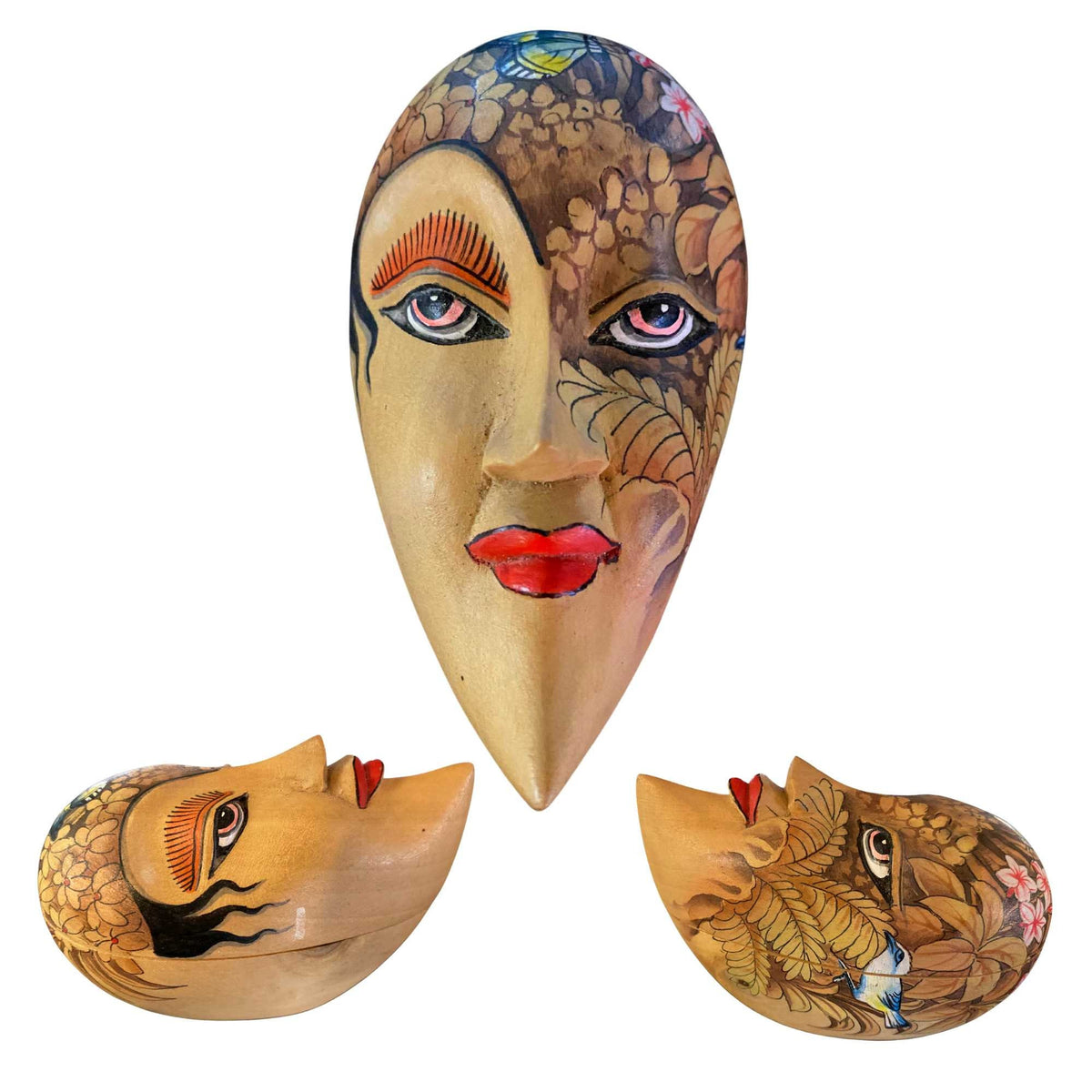 Lunar Moon Goddess Dream Mask Trinket Box Stash Box Hand Carved Wood Carving Folk art Painted