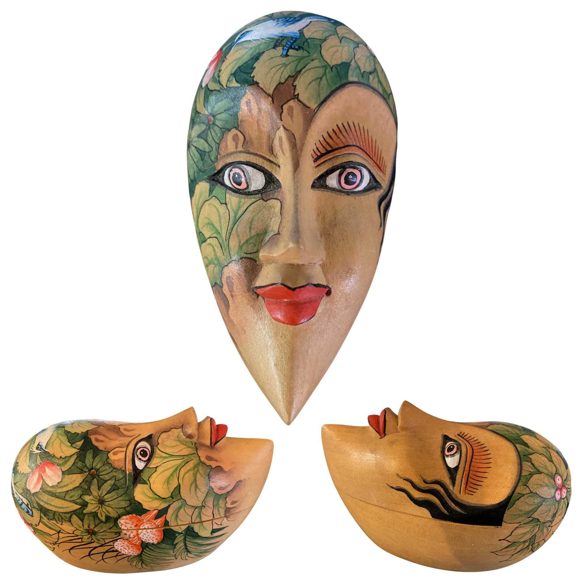 Lunar Moon Goddess Dream Mask Trinket Box Stash Box Hand Carved Wood Carving Folk art Painted