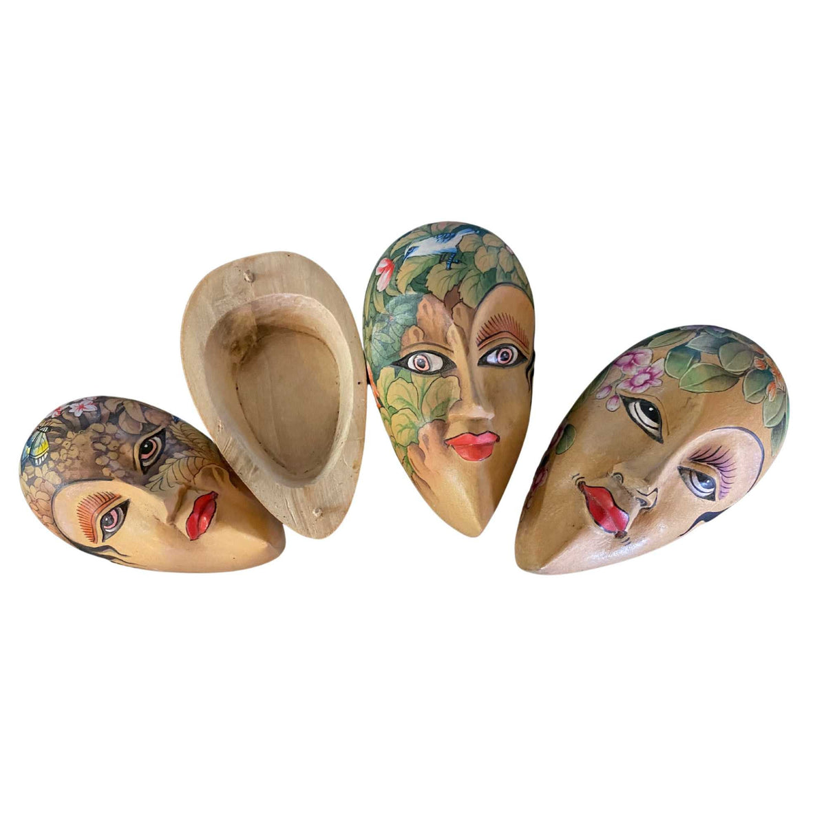 Lunar Moon Goddess Dream Mask Trinket Box Stash Box Hand Carved Wood Carving Folk art Painted