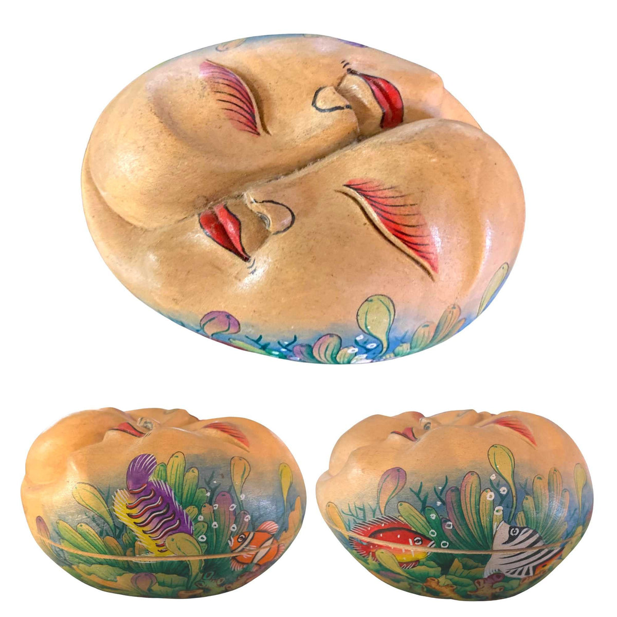 Yin Yang Trinket Box, Balinese Goddess Mask,   Hand Painted Carved Bali Folk Art